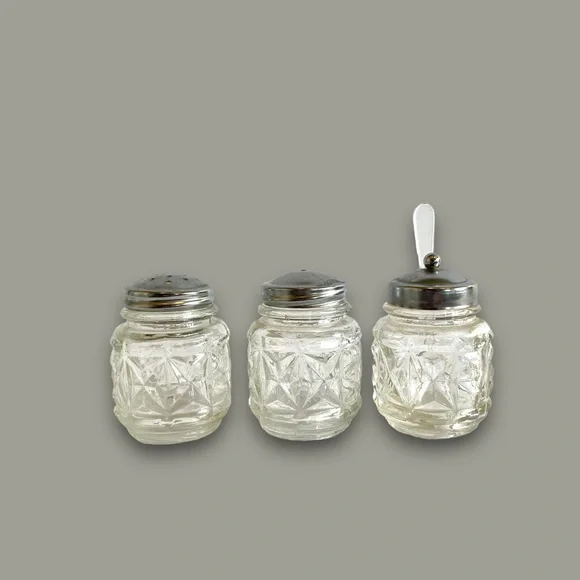 Vintage 3pc Glass Salt, Pepper, Jam or Sugar - Picture 2 of 9
